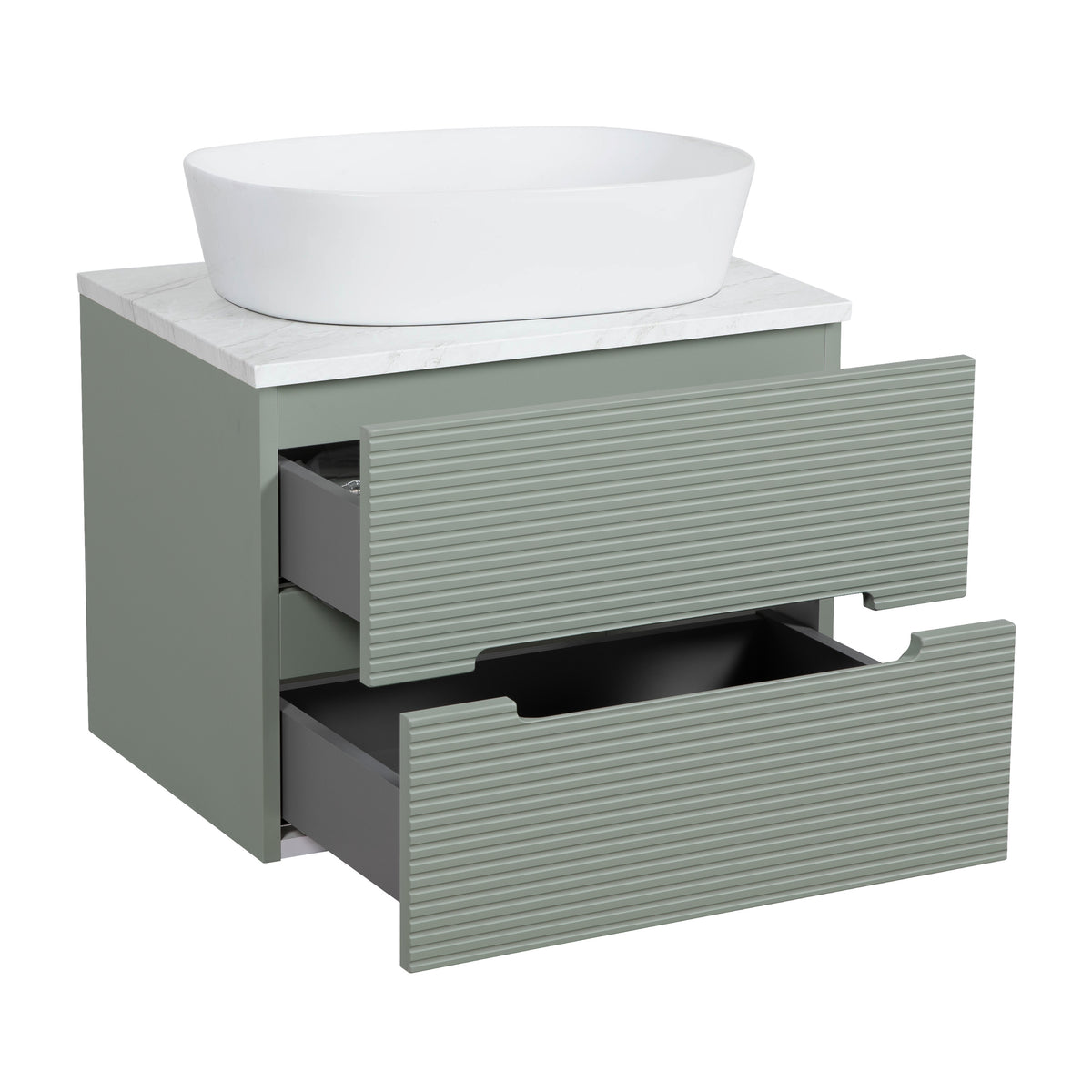 Monza Plus 600mm Fluted Wall Hung Vanity & Counter Top - Aloe Green/Grey Marble