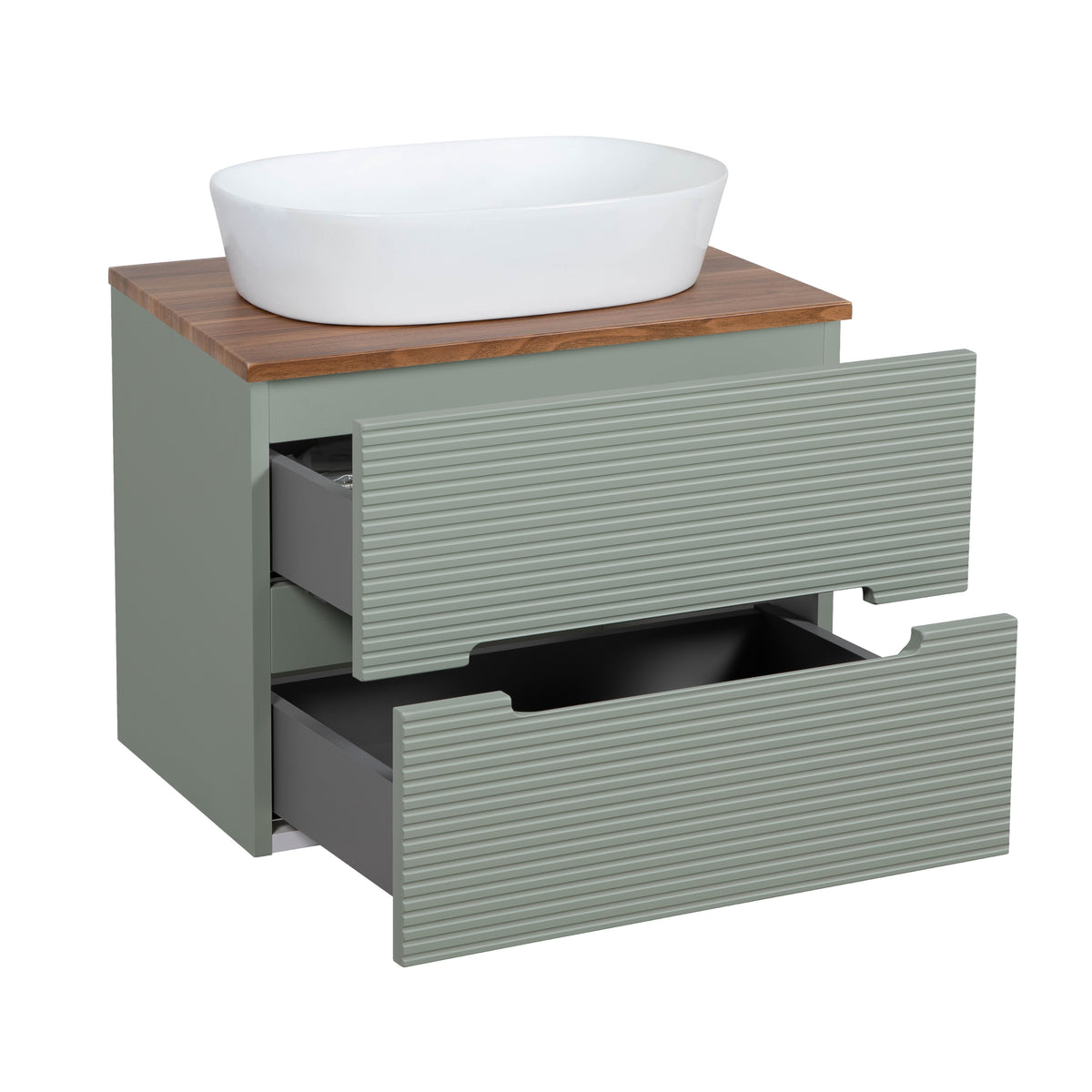 Monza Plus 600mm Fluted Wall Hung Vanity & Counter Top - Aloe Green/Cali Walnut
