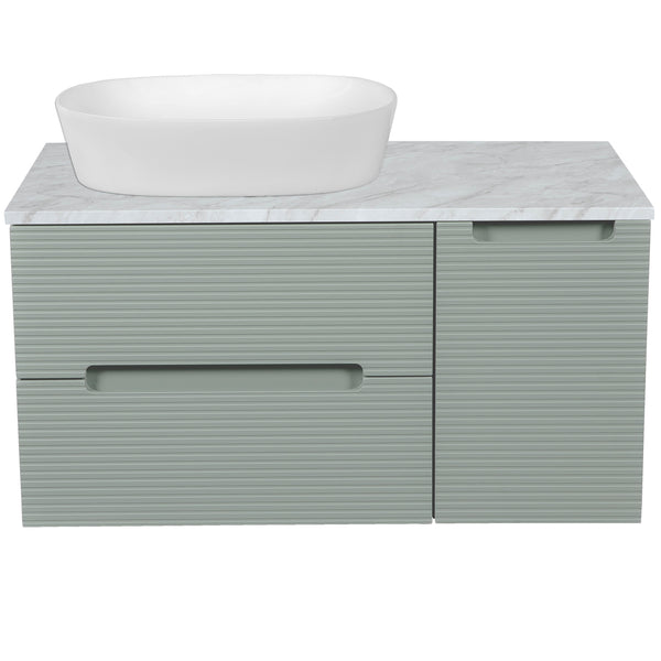 Monza Plus 900mm Fluted Wall Hung Vanity w. Side Cabinet & Counter Top - Aloe Green/Grey Marble