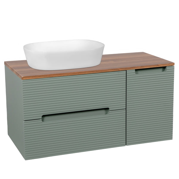 Monza Plus 900mm Fluted Wall Hung Vanity w. Side Cabinet & Counter Top - Aloe Green/Cali Walnut