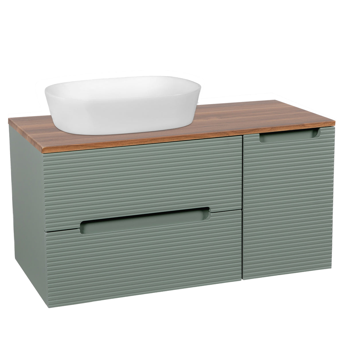 Monza Plus 900mm Fluted Wall Hung Vanity w. Side Cabinet & Counter Top - Aloe Green/Cali Walnut