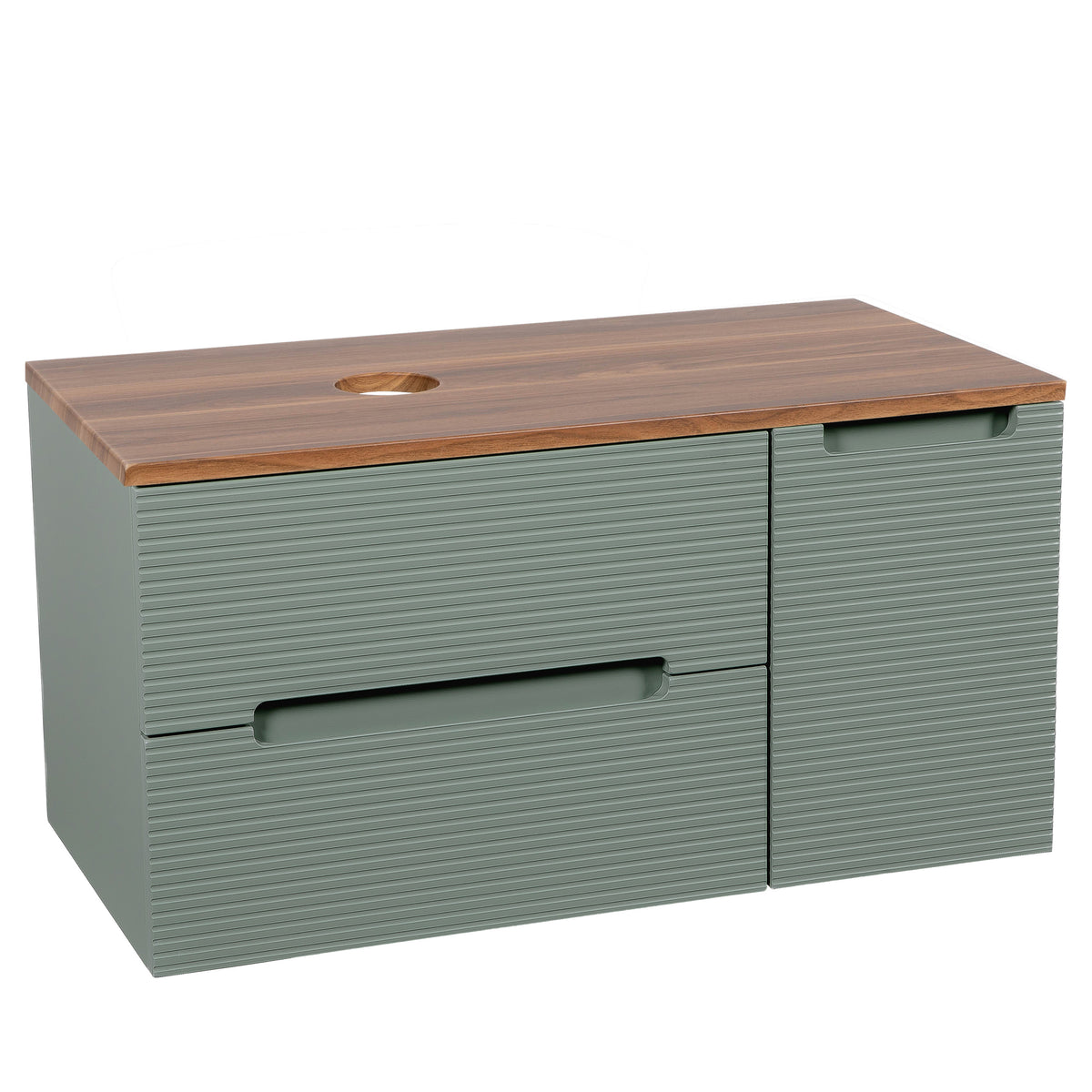 Monza Plus 900mm Fluted Wall Hung Vanity with Side Cabinet & Countertop - Aloe Green/Cali Walnut