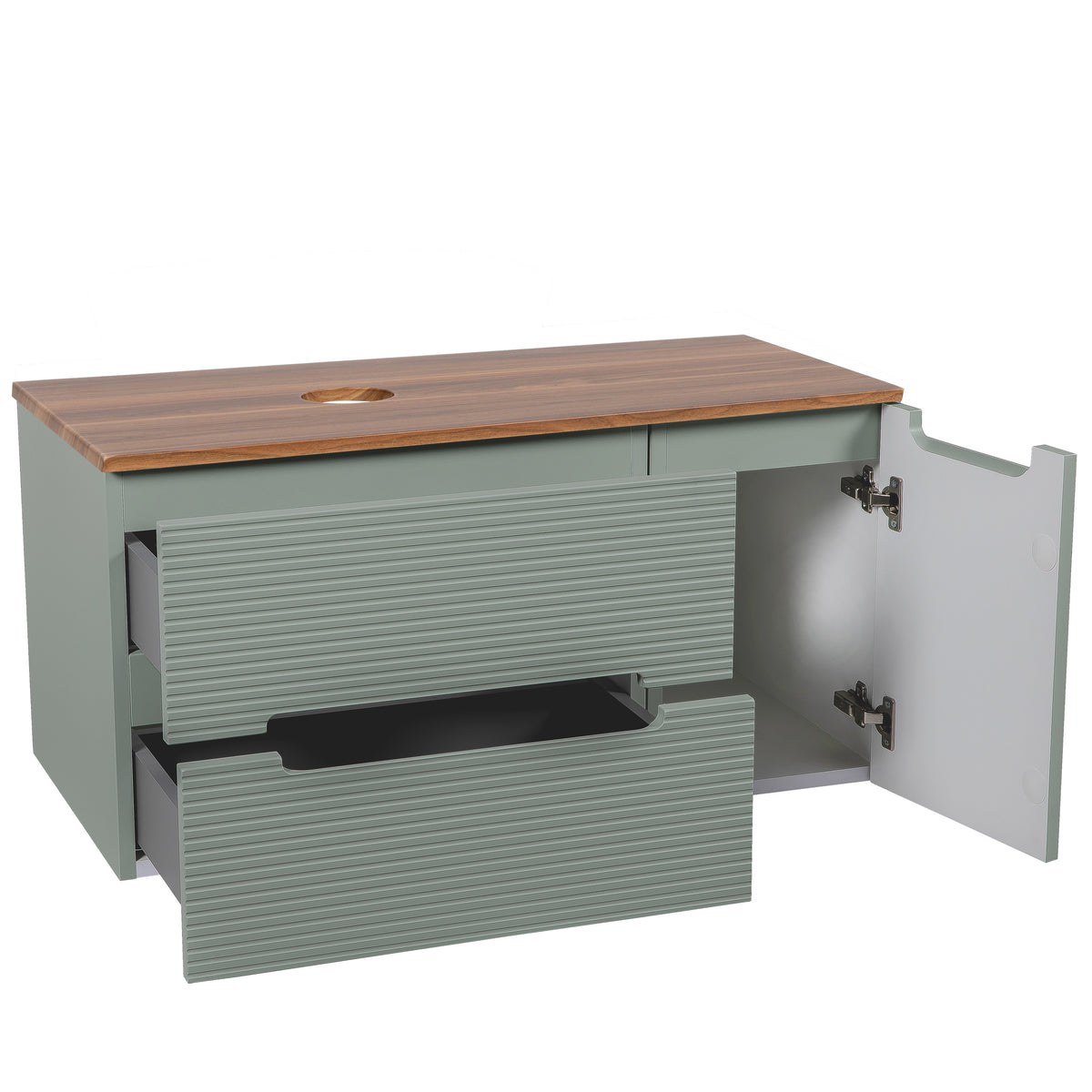 Monza Plus 900mm Fluted Wall Hung Vanity with Side Cabinet & Countertop - Aloe Green/Cali Walnut