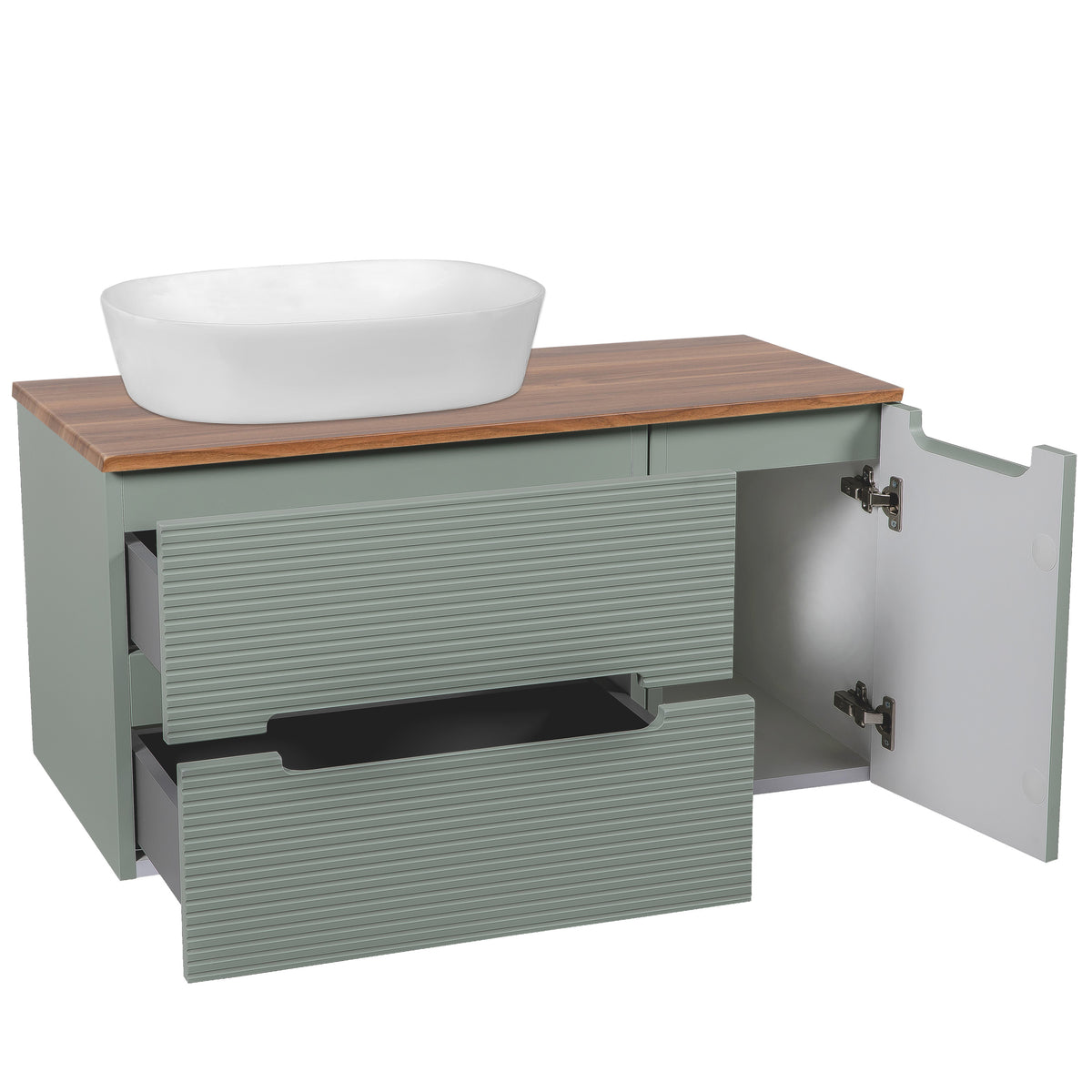 Monza Plus 900mm Fluted Wall Hung Vanity with Side Cabinet & Countertop - Aloe Green/Cali Walnut