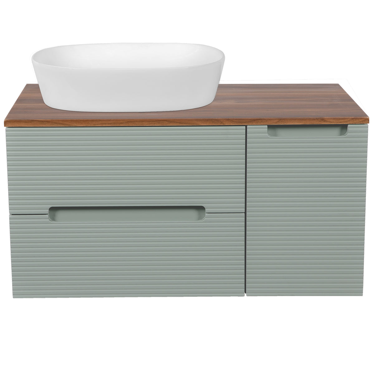 Monza Plus 900mm Fluted Wall Hung Vanity with Side Cabinet & Countertop - Aloe Green/Cali Walnut