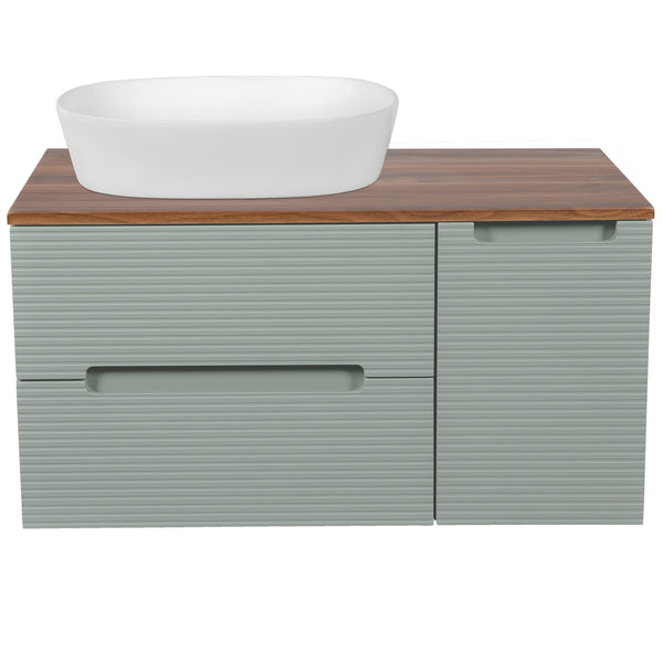 Monza Plus 900mm Fluted Wall Hung Vanity w. Side Cabinet & Counter Top - Aloe Green/Cali Walnut
