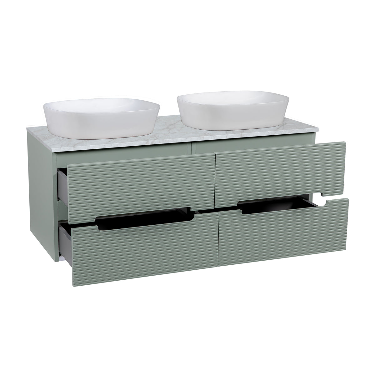 Monza Plus 1200mm Fluted Wall Hung Double Vanity with Countertop - Aloe Green/Grey Marble