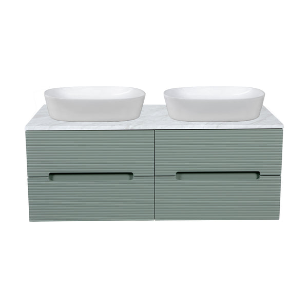 Monza Plus 1200mm Fluted Wall Hung Double Vanity w. Counter Top - Aloe Green/Grey Marble
