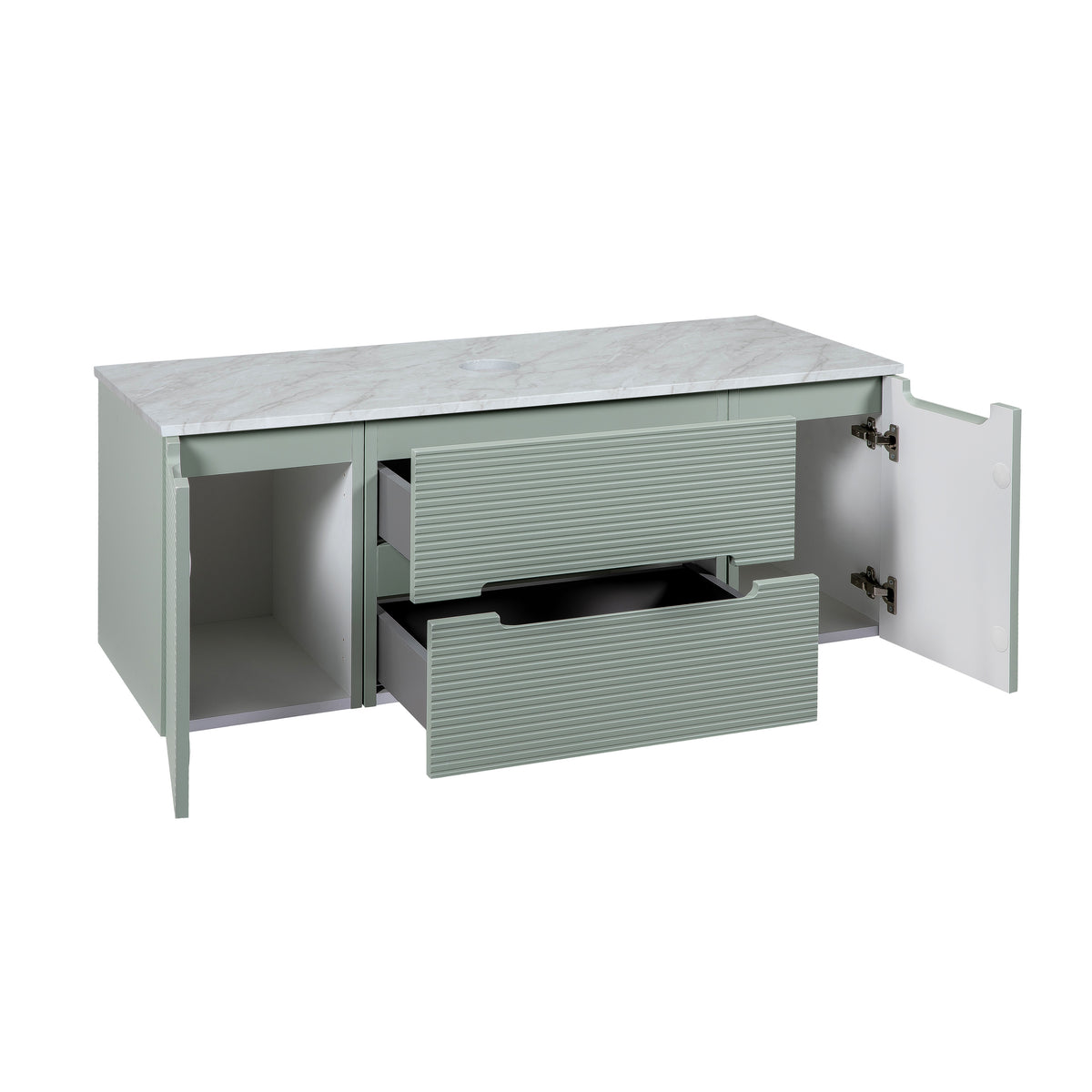 Monza Plus 1200mm Fluted Wall Hung Vanity w. 2 Side Cabinets & Counter Top - Aloe Green/Grey Marble
