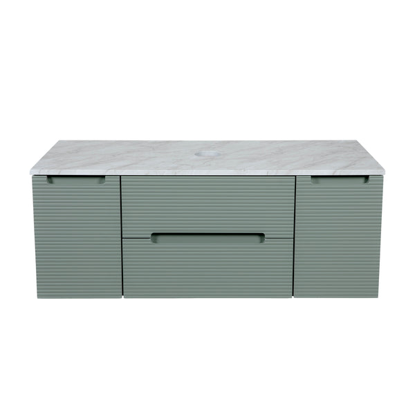 Monza Plus 1200mm Fluted Wall Hung Vanity w. 2 Side Cabinets & Counter Top - Aloe Green/Grey Marble