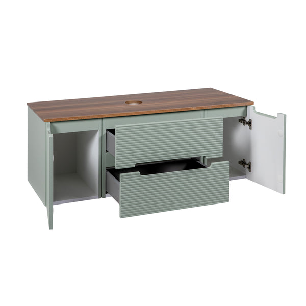 Monza Plus 1200mm Fluted Wall Hung Vanity w. 2 Side Cabinets & Counter Top - Aloe Green/Cali Walnut