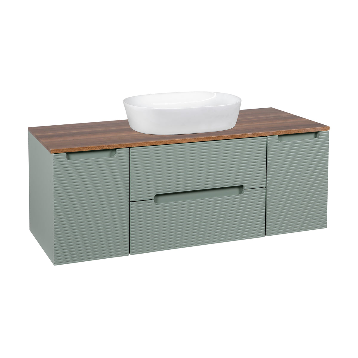Monza Plus 1200mm Fluted Wall Hung Vanity with 2 Side Cabinets & Countertop - Aloe Green/Cali Walnut