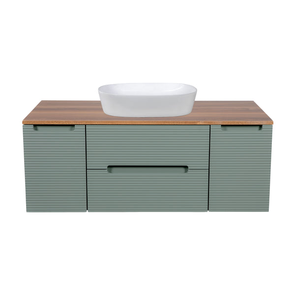 Monza Plus 1200mm Fluted Wall Hung Vanity w. 2 Side Cabinets & Counter Top - Aloe Green/Cali Walnut