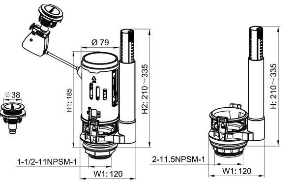 WC Dual Flush Valve with 2" and 1 1/2" Outlets