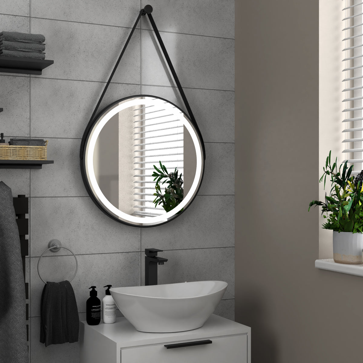 Delilah Black LED Round Touch Mirror w. Demist, Colour Change, Hook & Loop Hanging - 600mm - product image 2
