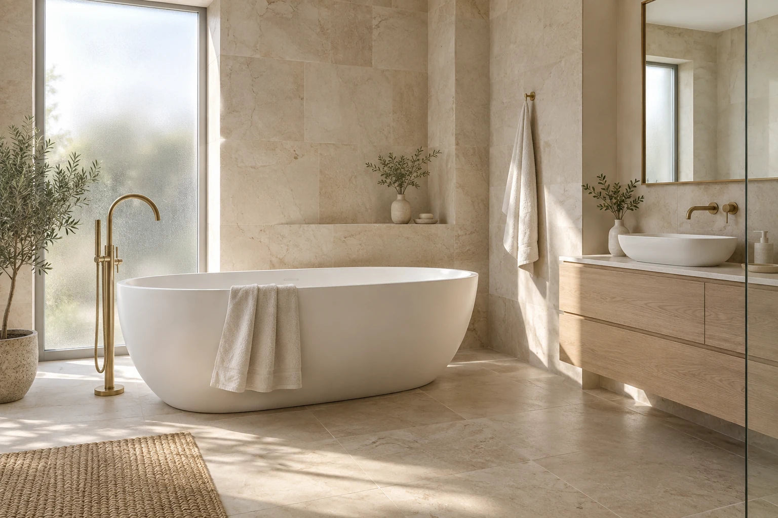 A warm stone bathroom with a freestanding bath and brass fittings