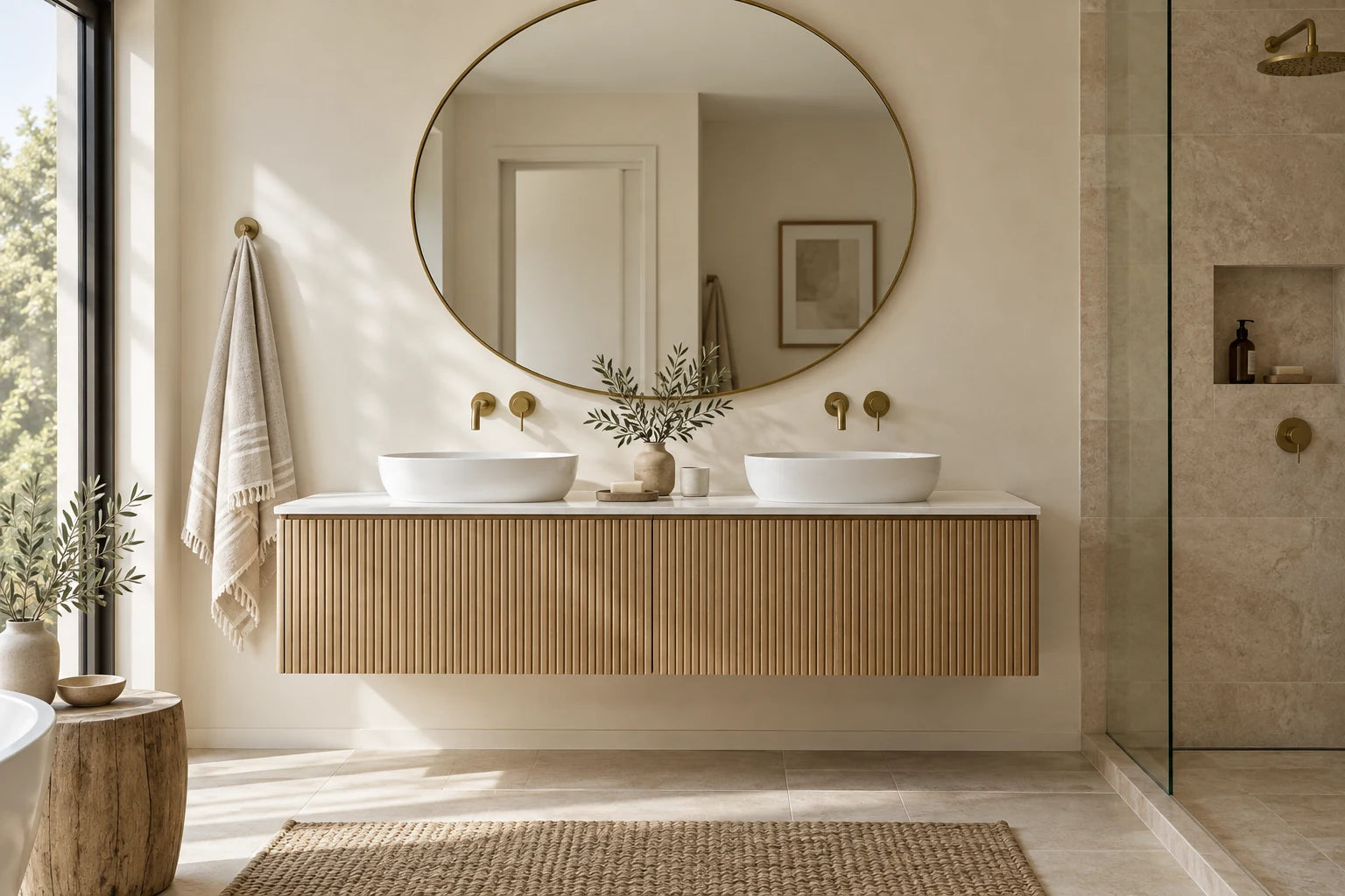 Bathroom inspiration with a timber vanity, white basin and brass details